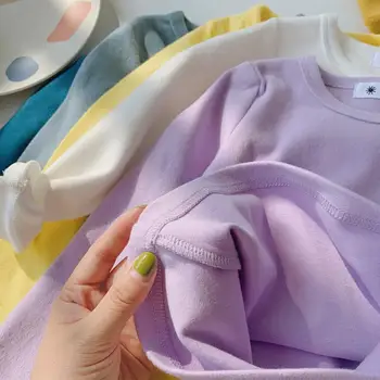 1-10T Pamuklu T Shirt Erkek Kız Bahar Giysileri Yürümeye Başlayan Çocuk Bebek Şeker Renk Rahat Düz Tee Streç Temel tshirt Kıyafet