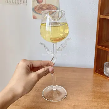 1/2 ADET 150ml 5oz Temizle Gül Şekli şarap bardağı Şeffaf Yaprakları ile Kokteyl Cam Kadeh Takımı Hediye Severler için Düğün masa süsü