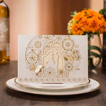 1 adet Beyaz Altın Lazer Kesim Damat Ve Gelin Düğün Davetiyesi Kartları Özelleştirmek Yazdırılabilir Zarif Düğün Dekorasyon Parti Malzemeleri