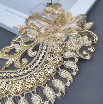 1 Çift/2 ADET Boncuklu Nakış Moda Cheongsam düğün elbisesi Açık Altın Aplike Yama El Dikişli Dantel Ayna Çiçekler RS4088