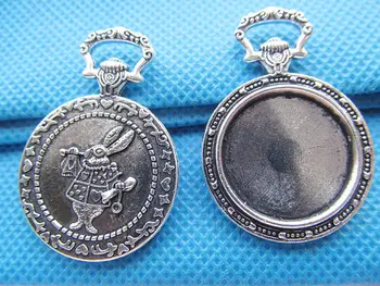 10 adet Büyük Antika Gümüş / Antik Bronz Vintage Tavşan cep saati Taban Ayarı Kolye Çekicilik, 35mm Cabochon / Cameo Tepsi Çerçeve