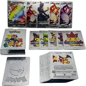 10 ADET Pokemon Altın Pikachu Kartları Kutusu Altın Gümüş Harf İspanyolca / İngilizce / Fransızca / Almanca Kartları Charizard Vmax Gx Oyun Kartı Çocuk Oyuncak