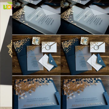 10 adet Ücretsiz Özel Düğün Davetiyesi Kartı Dantel Renkli Baskı Kraliyet Mavi Akrilik Kart Davetiyeleri Lacivert Zarf
