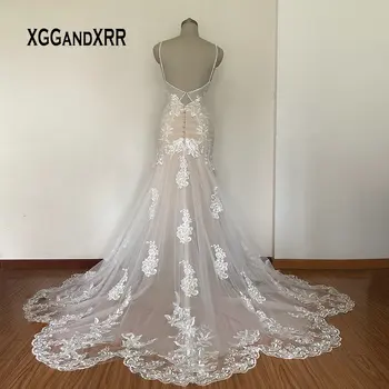 100 % Gerçek Mermaid Dantel düğün elbisesi 2022 En İyi gelin kıyafeti Derin V Boyun Boncuk Spagetti Kayışı Aplike Uzun Gelin düğün elbisesi