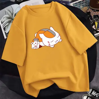 100 % Pamuk Yaz Kadın T - shirt Anime Kawaii Üç Üç Kedi Öğretmen Desen Casual Tees Harajuku bol tişört Giyim Tops