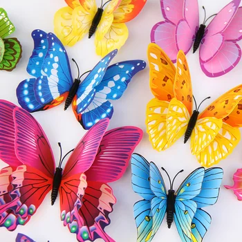 12 Adet Karışık renk Çift katmanlı Kelebek 3D Duvar Sticker düğün dekorasyon için Mıknatıs Kelebekler Buzdolabı çıkartmaları Ev dekor