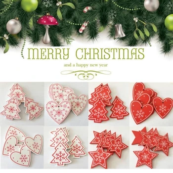 12 Adet Kırmızı Beyaz Renk Çan Noel Ağacı Kalp Beş Köşeli Yıldız Şekli Kar Tanesi Desen Ahşap Süs Noel Ağacı El Sanatları