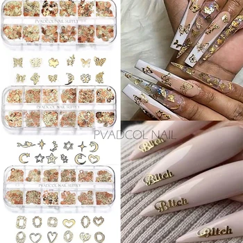 12 İzgaralar Metal Nail Art Çiviler Sequins İpuçları Glitter Altın Nail Art Süslemeleri Kelebek Kalp Yıldız Takılar Strass Takı Gevreği