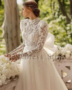 14350 # IENA Lüks Bayanlar Zarif Gelin düğün elbisesi Dantel Aplike Yüksek Boyun Uzun Kollu Kristal Modern Büyük Yay Sahil Düğün