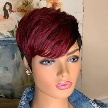 1B / 99J Kırmızı Renk Peri Kısa Kesim Bob Peruk kadın peruk Brezilyalı Düz Peri peruk Doğal Patlama İle Tam Makine