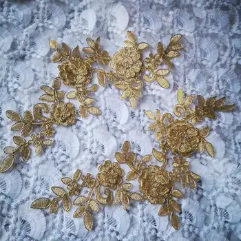 2 adet / 1 Çift Zarif Fildişi Altın Dantel Örgü Nakış Aplikler Çiçekler düğün elbisesi Ev Tekstili DIY El Yapımı Aksesuarlar