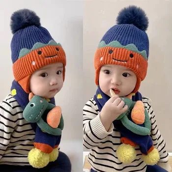 2 ADET Set Bebek Şapka Eşarp Kış Sıcak Kalın Örme Kap Karikatür Dinozor Tavşan Kasketleri Eşarp Çocuk Kız Erkek Bebek giyim