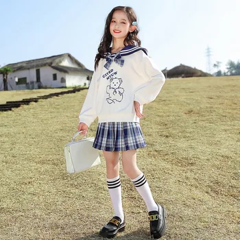 2 adet Setleri 2022 Çocuk Kız Elbise Eşofman Denizci Yaka ayı hoodie Kazak + kısa JK Ekose Etek Rahat 4-12 Yıl Kıyafetler