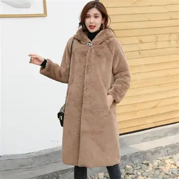 2020 Kadın Kış Kore Katı Kapşonlu Faux Kürk Ceket Bayanlar Sahte Vizon Kürk Ceketler Kadın Gevşek Rex Tavşan Kürk Uzun Palto 0160