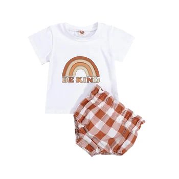 2021-05-20 Lioraitiin 0-24M Yenidoğan Bebek Kız 2 Adet Giysi Set beyaz tişört Ekose Baskılı Desen Elastik Bel Şort