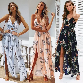2021 Boho Yaz kadın uzun elbise Bandaj Zarif Çiçek Halter Seksi Akşam Parti Maxi Elbiseler Tatil Sundress