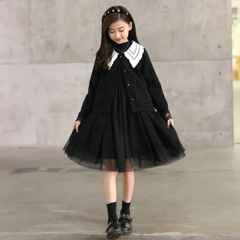 2021 Kız Elbise Zarif Sonbahar Kış Siyah Prenses Elbise Uzun Kollu Çocuklar Kızlar için Elbiseler Çocuk Giyim 6 8 10 12 14 16Y