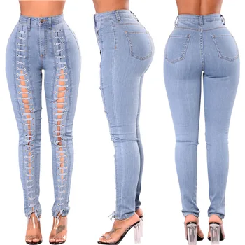2021 Moda Yüksek Bel Mavi Ön Lace Up Bandaj Sıska Yenilik Kadın Gerçek kot Pantolon Pantolon Kadın Kot Sıcak Satış Ürünleri