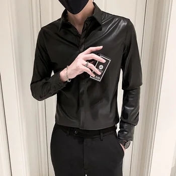 2021 Sonbahar Kış erkek Kore Slim Fit Deri Gömlek erkek Camisa Sosyal Masculina Trend Marka Moda Siyah Deri Gömlek