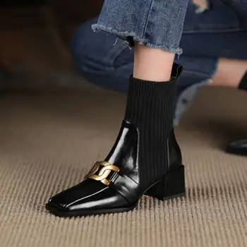 2021 Yeni Kış Örgü Kadın Ayakkabı Moda Lüks Orta Topuklu Sıcak Kar Botları Chelsea Goth Ayak Bileği Tıknaz Çorap Mujer Zapatos