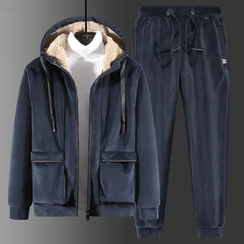 2021 Yeni Sıcak Hoodie Setleri Kış Erkek Seti Kadife Kalın İki Adet Set Kış Polar Erkek Eşofman Ceket + Pantolon Büyük Boy 8XL