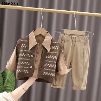 2022 İlkbahar Erkek Sonbahar Giysileri Küçük erkek çocuk kazağı Yelek Gömlek Pantolon 3 Parça Kore Versiyonu Moda Yakışıklı Takım Elbise 1-4 Yaşında