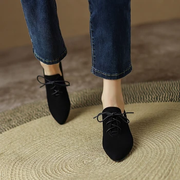 2022 İlkbahar / Sonbahar Kadın Ayakkabı Sivri Burun Yüksek topuklu Koyun Süet Tıknaz Topuk Pompaları Artı Boyutu Retro Lace Up siyah ayakkabı Kadın