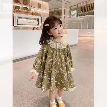 2022 İlkbahar Yaz Bebek Kız Elbise Kore Kız Yeşil Renk Çiçek Baskı Prenses Parti Elbise Çocuk Gençler Çocuk Giysileri
