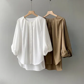 2022 Yaz Kadın Zarif Yeni Moda Bluz Yuvarlak Yaka Tek Göğüslü Fener Kollu İnce Gömlek Kadınlar İçin