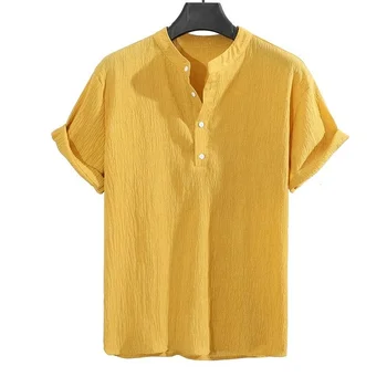 2022 Yaz Yeni Erkek Pamuk Kısa Kollu Camisa Basit Katı Renk Gevşek Erkek Gömleği Yaka Gömlek Kenevir