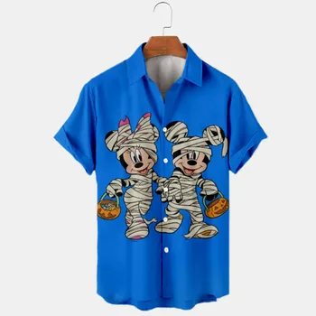 2022 Yeni Cadılar Bayramı Koleksiyonu Disney Marka Dikiş ve Mickey Anime 3D Baskılı erkek Yaka Kısa Kollu havai gömleği Y2k