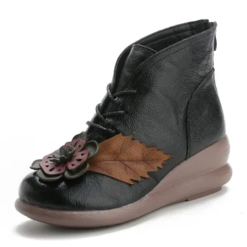 2022 Yeni Hakiki Deri kadın yarım çizmeler Kış Ayakkabı Retro Çiçek Kadın Vintage Açık Platform Kama Ayakkabı