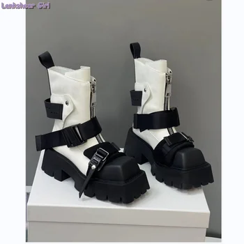 2022 Yeni Kadın Kare Ayak Fermuar yarım çizmeler Kemer Tokası Platformu Kadın Çizme Siyah Beyaz Kış sıcak Rahat Ayakkabı Kış