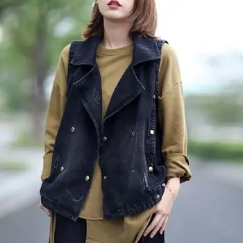 2022 Yeni Kore İlkbahar Yaz Siyah Gri Kolsuz Kadın Ceket İnce Ceket Düzenli Düğmeler kadın kot yelek Yelek Y172