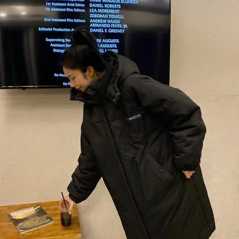 2022 Yeni Pamuk kapitone ceket Kadın Kış Orta Ve Uzun Diz Kore Peri Moda Katı Siyah Gevşek Kalın Kapşonlu Parker