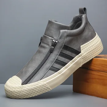 2022 Yeni Sıcak Moda Erkek Deri rahat ayakkabılar Trend Serin Fermuar Loafer'lar Düz Kaykay Ayakkabı