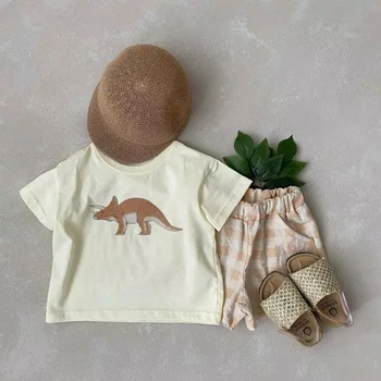 2022 Yeni Yaz Kız çocuk giyim Takım Elbise Erkek Saf Pamuk Eğlence T-shirt Bebek Sevimli Ekose Şort Çocuklar Dinozor T-shirt