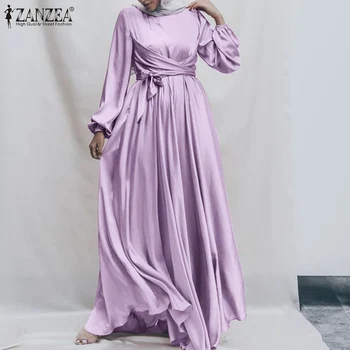 2022 ZANZEA Şık kadın Saten Sundress Müslüman Elbise Uzun Kollu İslam Vestidos Kadın Marocain Türk Maxi Elbise Kuşaklı