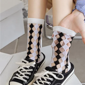2023 Moda Ekose Kristal İpek Çorap Kadın Yaz Ultra ince Şeffaf Uzun Çorap Rahat Harajuku Streetwear Mavi Ekip Çorap