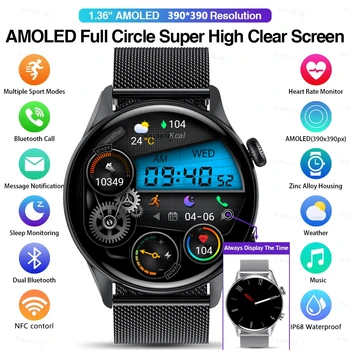 2023 NFC Smartwatch Erkekler AMOLED 390 * 390 HD Ekran Her Zaman ekran zaman Bluetooth Çağrı IP68 Su Geçirmez Akıllı izle Xiaomi için