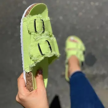2023 Yaz Kadın Terlik Moda Tasarımcısı kadın ayakkabısı Mor Tuval Metal Toka Düz Terlik plaj ayakkabısı Yumuşak Taban Sandalet