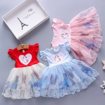 2023 Yaz Yeni Unicorn Elbiseler Prenses Kız Elbise Sevimli Karikatür Midilli Elbise Tutu Bebek Kız Giysileri Çocuklar Doğum Günü Partisi Vestidos