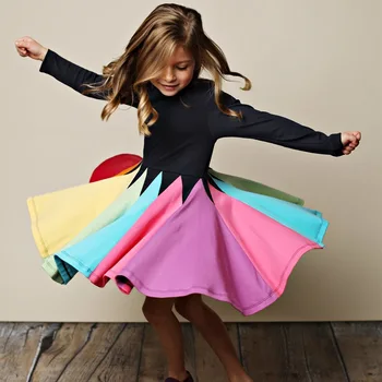 2023 Yeni Kız Elbise Uzun Kollu Gökkuşağı Renk çocuk giysileri Moda Prenses Elbiseler Toddler Kız Giyim 2-6 Y gökkuşağı elbise