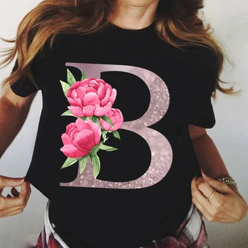 26 Alfabe Gül Mektup Kadın T-shirt A'dan Z'ye Alfabe Kombinasyonu Çiçek Kısa Kollu Casual Tee Kore Tarzı Üstleri Kadın Tişörtleri