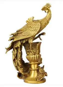 26 cm Çin FengShui Bakır Standı FengHuang Phoenix Kuş Canavar Tanrı Saray Heykeli