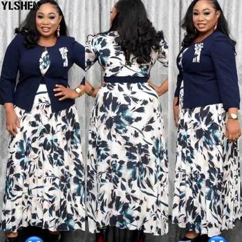 2XL - 5XL Baskı Kadınlar için Afrika Elbiseler Vetement Femme 2021 Dashiki Uzun Maxi Elbise Afrika Giysi Afrika Moda 2 Parça Set