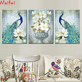 3 adet Tavuskuşu Mavi Elmas Boyama Duvar Sanatı Hayvan Tüyü Vazo Beyaz Elmas Mozaik resim modern triptik
