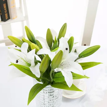 3 Kafaları Gerçek Dokunmatik Yapay zambak Çiçekler Düğün Gelin İpek Sahte çiçek Buketi beyaz zambak Bitkiler Noel Ev Partisi Dekoru
