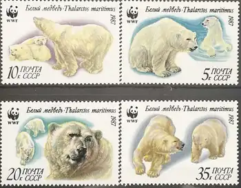 4 ADET,CCCP,1987, Buz Ayısı, Hayvan Pulları, Yüksek Kalite, Gerçek Orijinal, Posta Damgası, WWF, İyi Durum Koleksiyonu