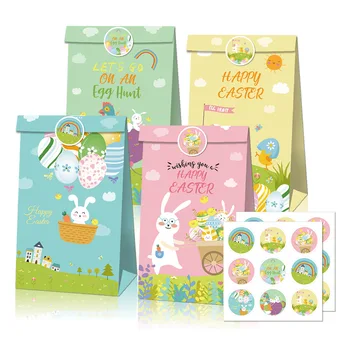 4 ADET Paskalya Şeker Çerezler Çanta Çıkartmaları İle Sevimli Tavşan Mutlu Paskalya Gıda Ambalaj Hediye DIY Kraft Kağıt Kutuları Parti Dekorasyon